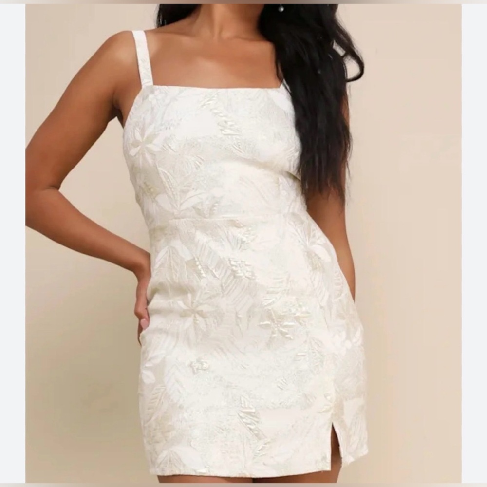 Ivory Textured Floral Mini Dress with gold details
